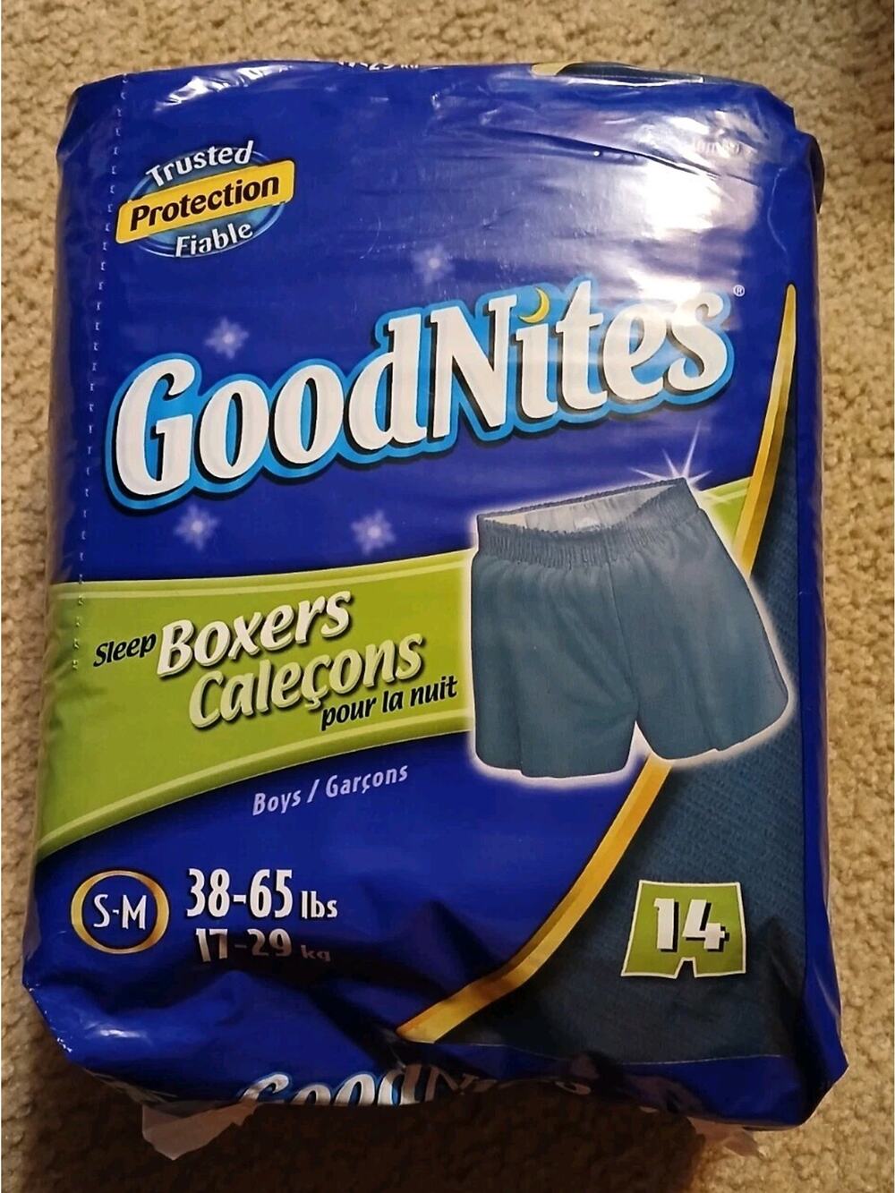 GOODNITES Sleep Boxers Boys S/M 38-65 Pounds 1 Pack NEW Blue 14 Per Pack